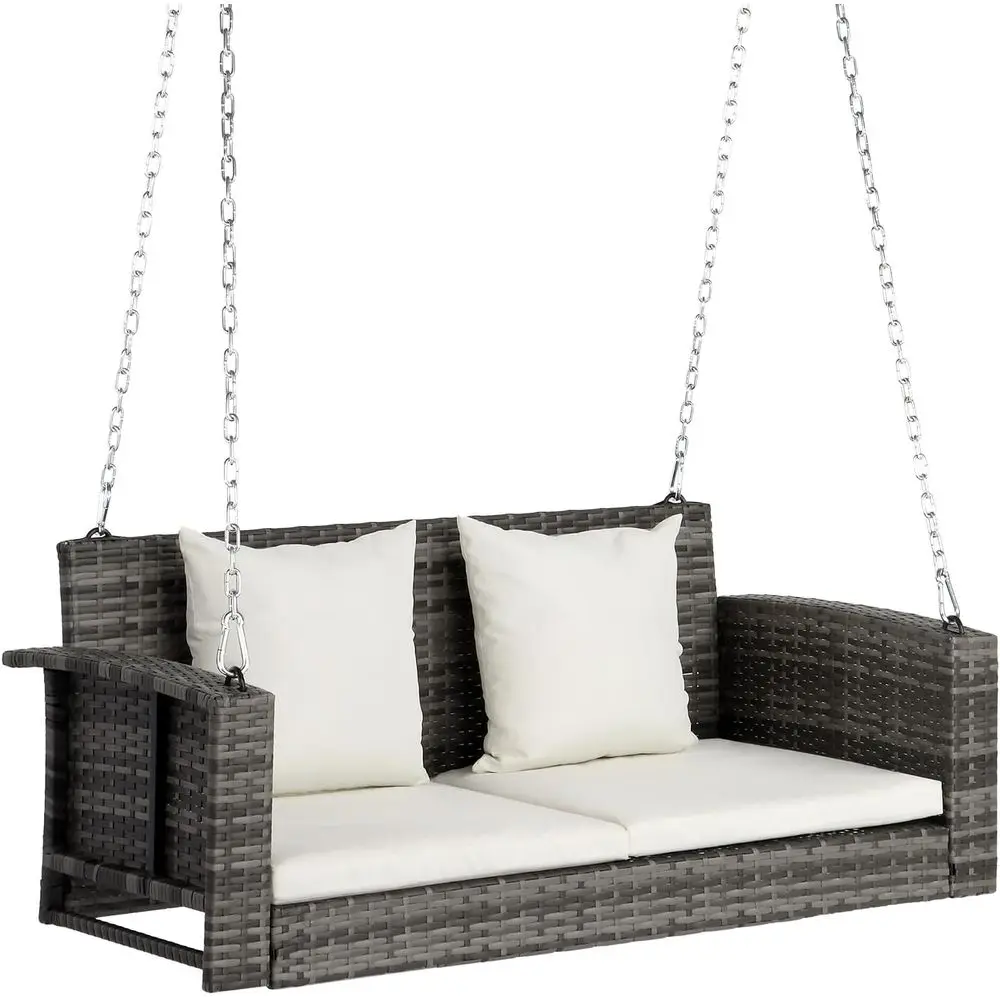 

Durable 800 lbs Capacity Wicker Porch Swing with Cushion and Adjustable Chain, Ideal for Outdoor Spaces in Grey
