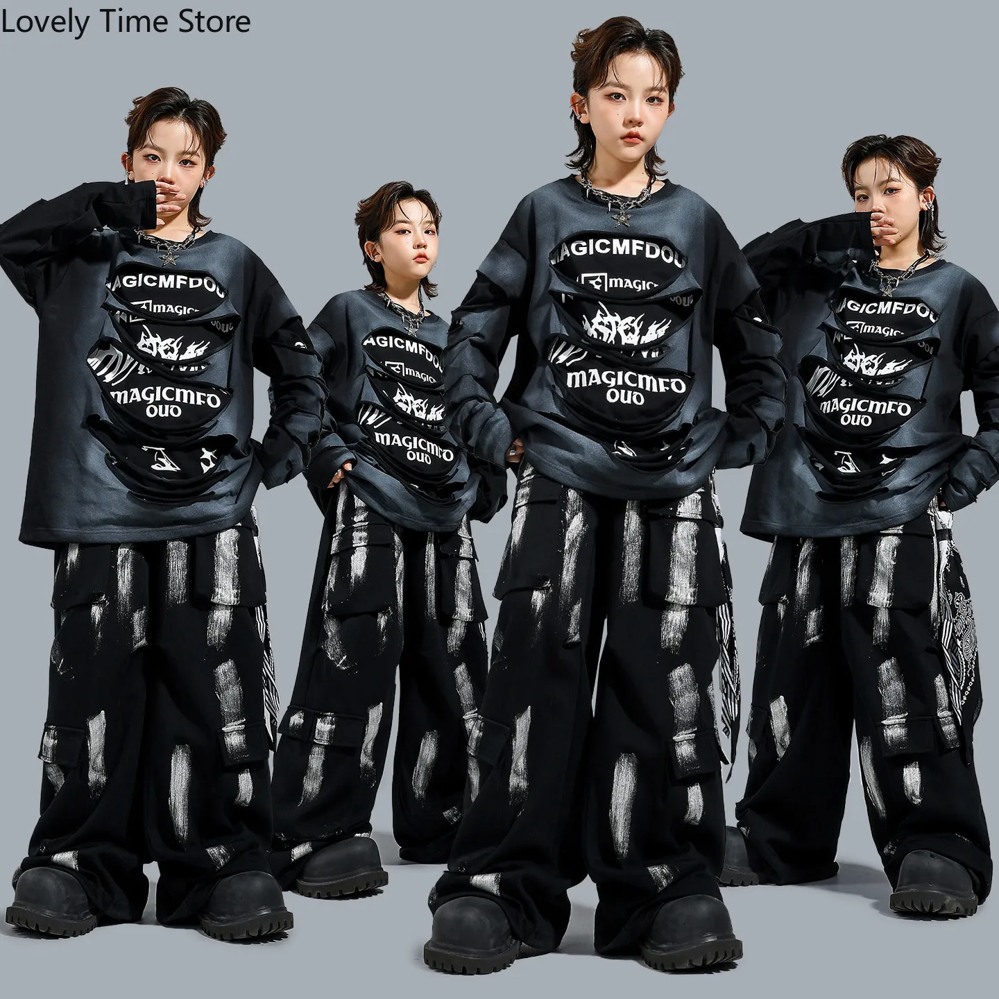 

Крутой рваный свитшот K-pop для мальчиков, штаны-карго с граффити для уличных танцев, костюм в стиле хип-хоп для девочек, детская уличная одежда, комплект детской джазовой одежды
