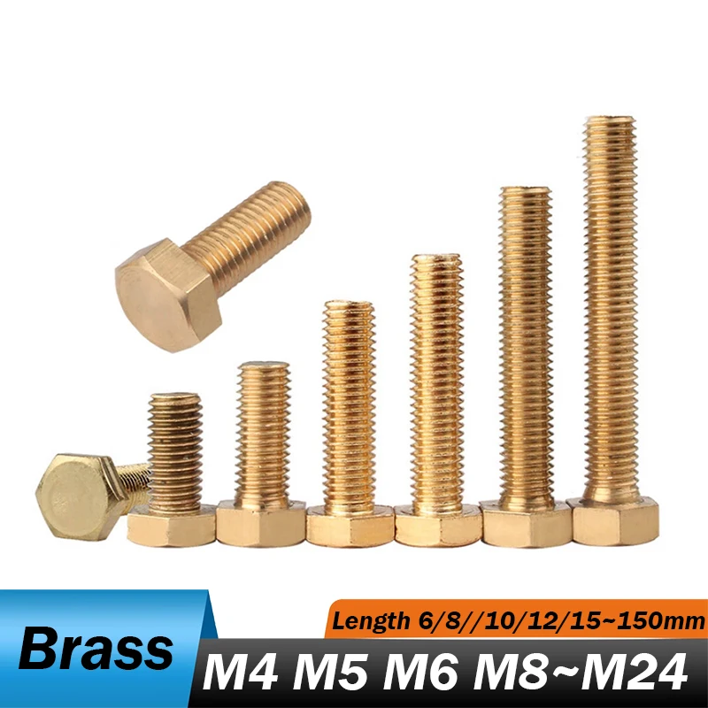Brass External Hex Bolts M4 M5 M6 M8 M10 M12 M14 M16 M20 M24 Fully Threaded Hex Bolts Length 6/8//10/12/15/20/25~150mm