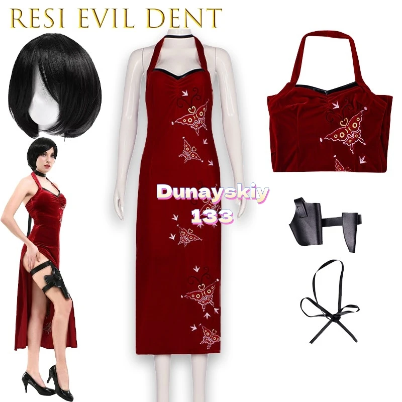 

Remake Ada Wong Cheongsam Cosplay Costume Red Wig Shoes Halloween Carnival Disguise Stage Performance Outfit