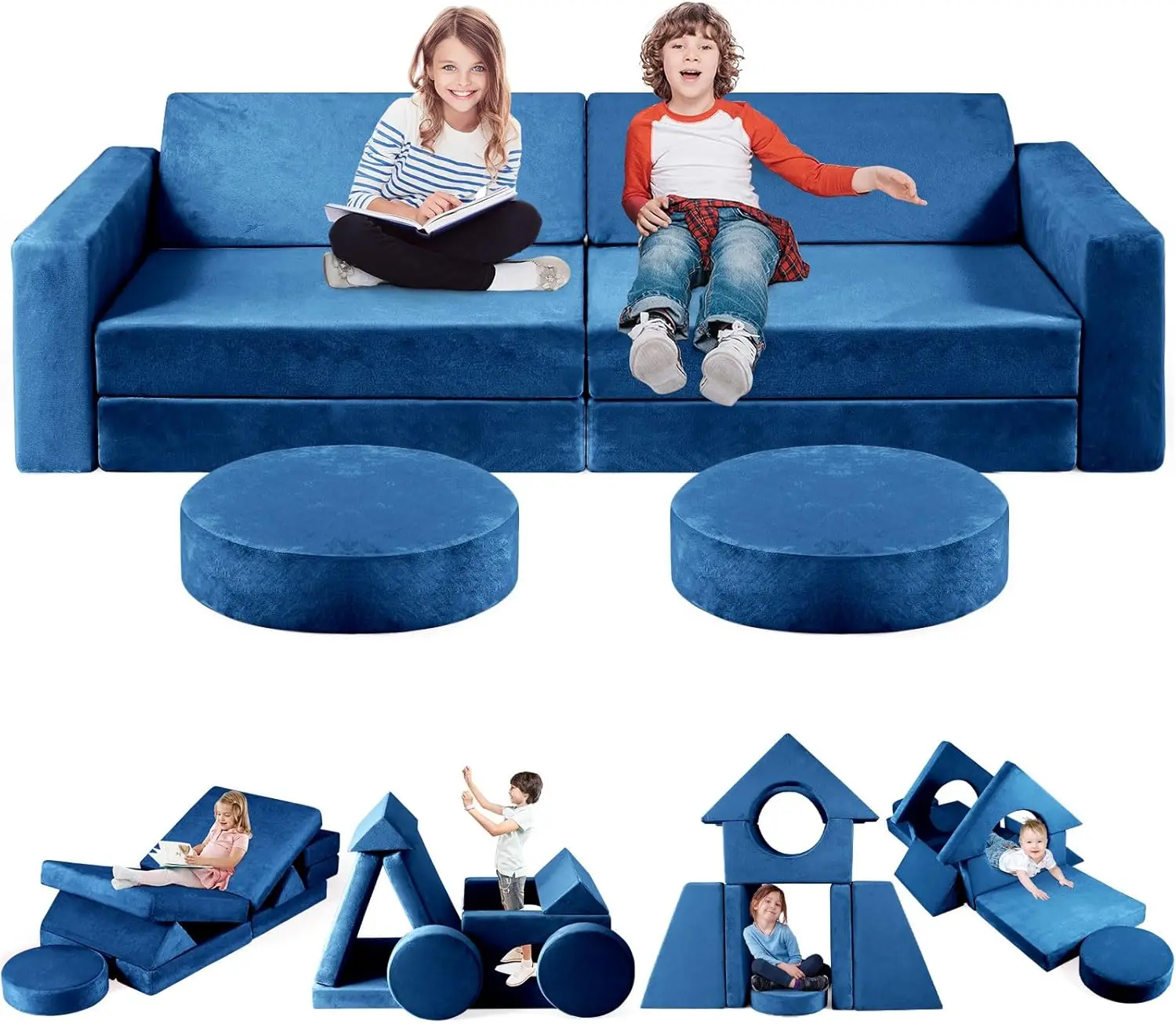 New Modular Kids Play Couch, 12pcs Toddler Sofa Couch Building Fort, Versatile 300+DIY Creativing Playroom Bedroom Furniture for