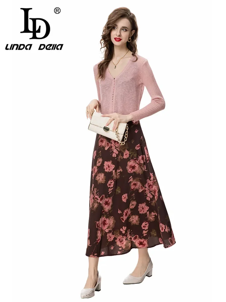 

LD LINDA DELLA Summer Bohemia elegant luxury Dress Women's Temperament Floral Print Dress+Solid Color Knitting Coat 2 Pieces Set