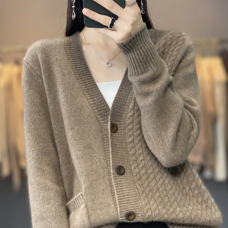 

Autumn and winter new 100% pure wool knitted cardigan ladies lapel sweater color matching long-sleeved coat cashmere casual top