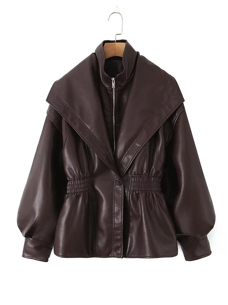 Giacca in pelle attillata vintage con spalla larga e vita da donna, tinta unita, unica, con cerniera, cappotto allentato, capispalla quotidiano Highstreet