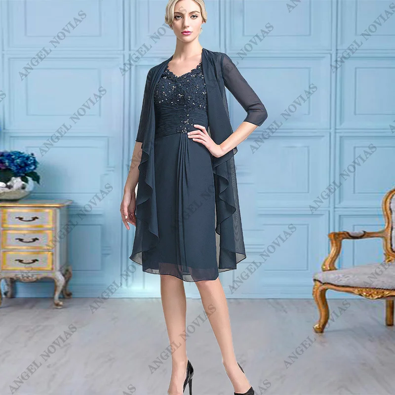 

Customized Navy Blue Short Knee Length Mother of the Bride Dresses with Jacket Wedding Party Dress Vestidos Para Madre De Novia