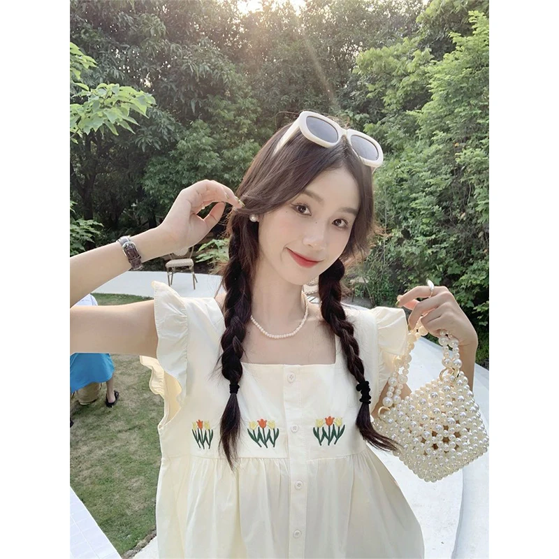 Women Summer Sweet Fashion Embroidered Square Collar Short Sleeve Shirts Women Clothes Casual All-match Appear Thin Trend Tops