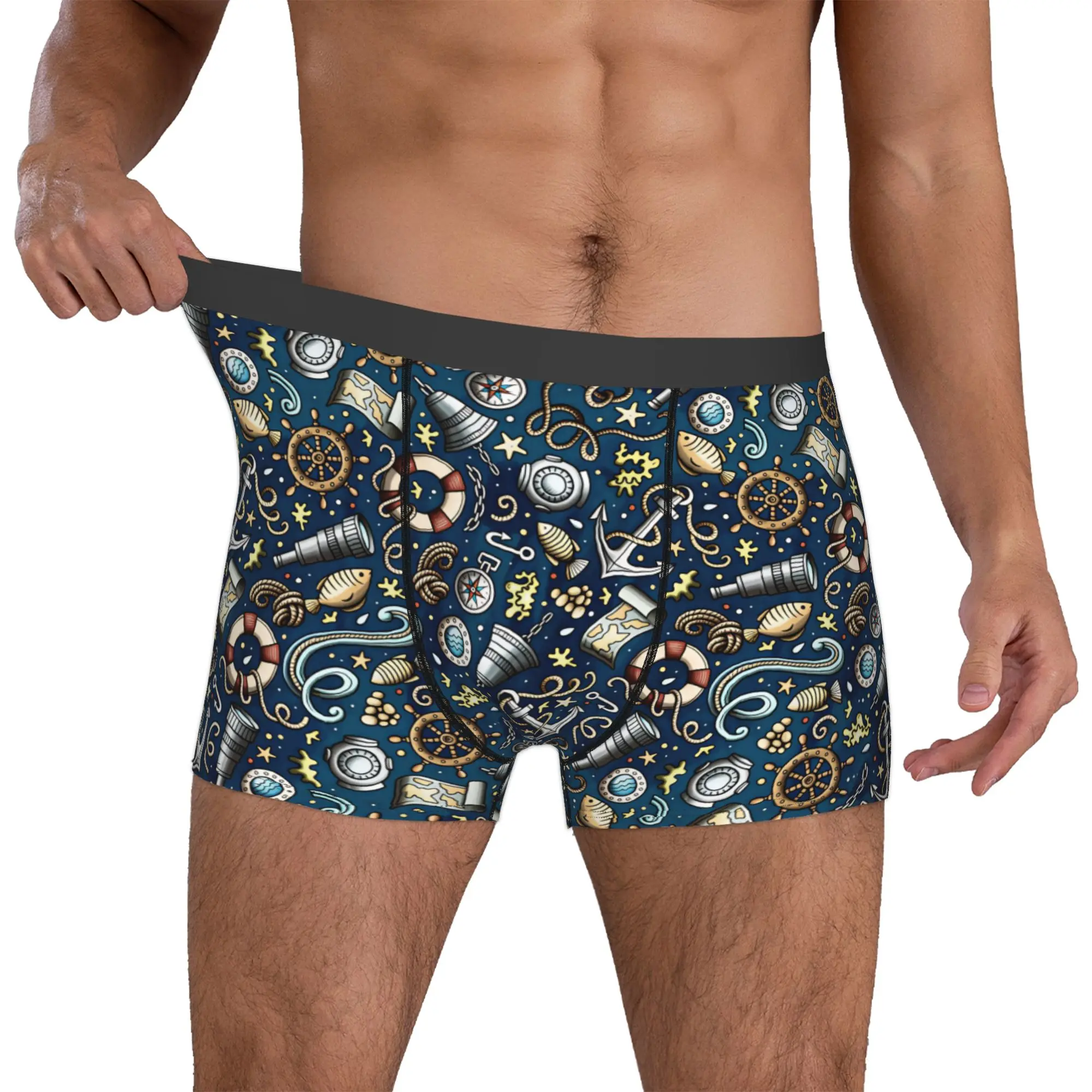 Fashion Nautical Featuring Anchors Ship Wheels Compasses Boxers Shorts Panties Men's Underpants Breathable  Briefs Underwear