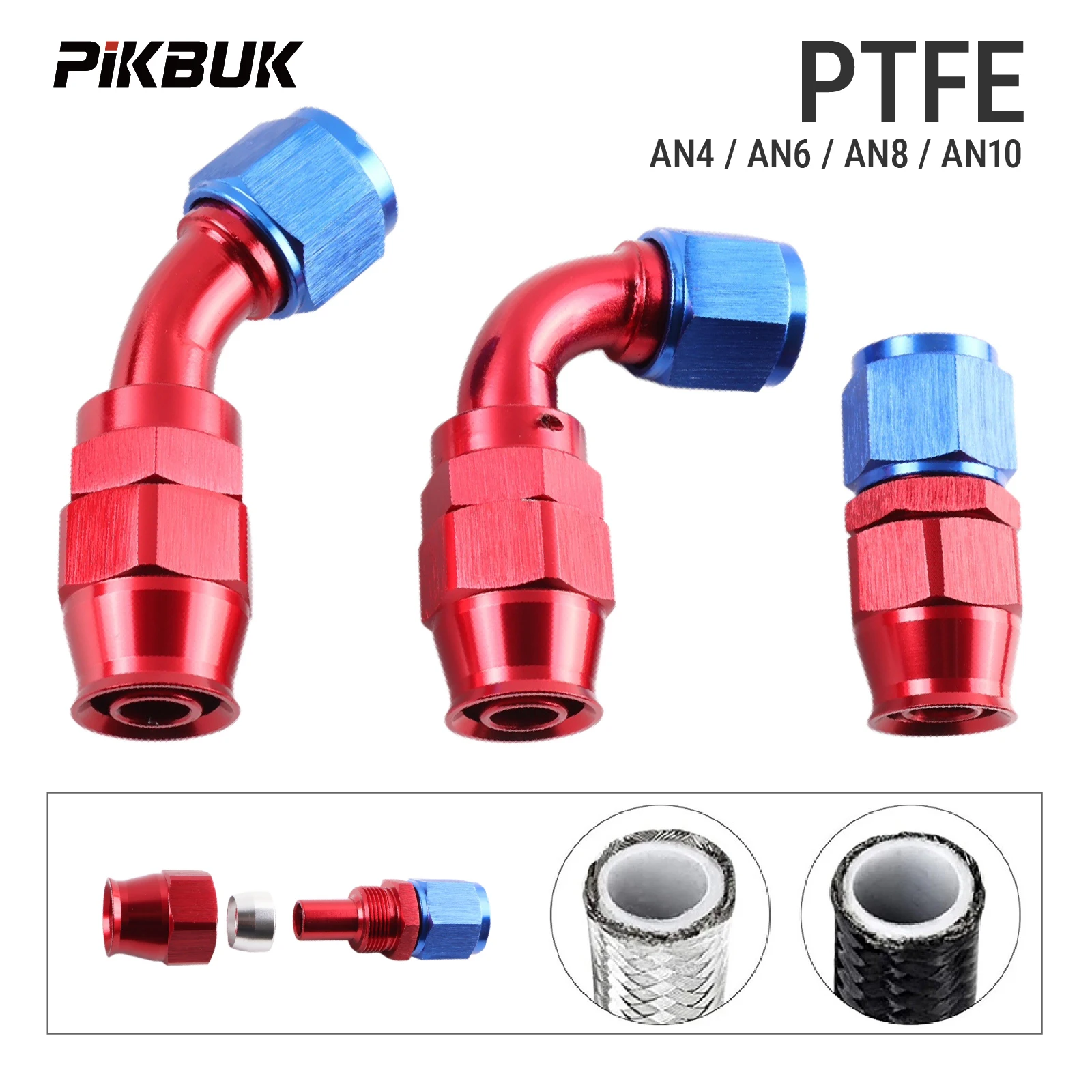 

PIKBUK AN4 6 8 10 PTFE Fuel Oil Hose End Fitting 0/45/90/180 Degree Swivel Hose End Adapter Kit