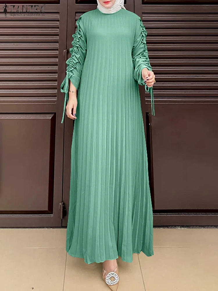 Muzułmańskie hidżab sukienki Abaya ZANZEA wiosna Maxi Sundress kobiety moda z długim rękawem plisowana sukienka na imprezę islamska odzież szata Femme
