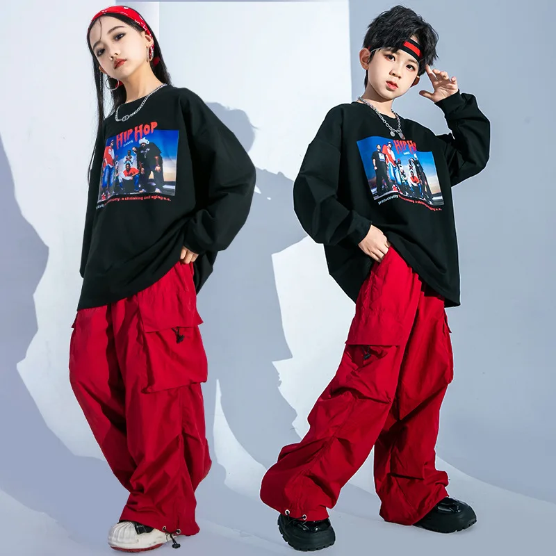 

Kid Kpop Hip Hop Clothing Black Print Sweatshirt Top Red Casual Wide Pockets Cargo Pants for Girl Boy Jazz Dance Costume Clothes