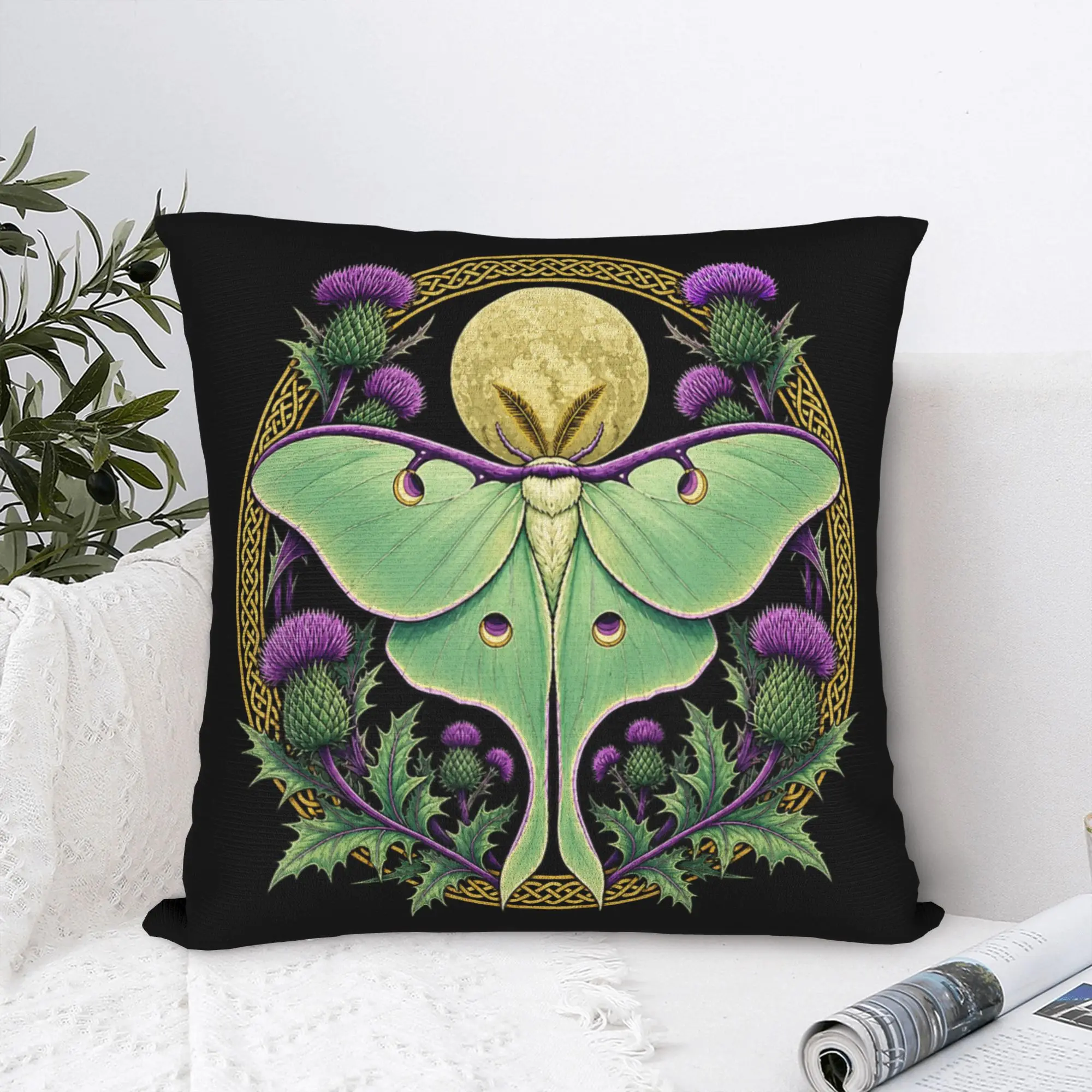 Soft Scottish Thistle Luna Moth Goblincore Pillowcase Polyester Cushion Cover Decorative Botanical Art Pillow Case Cover Square