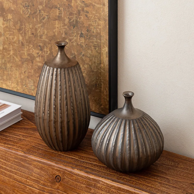 مزهرية سيراميك كلاسيكية بلون بندقية من Wabi-sabi، زخرفة فندقية جديدة مصنوعة يدويًا على الطراز الصيني