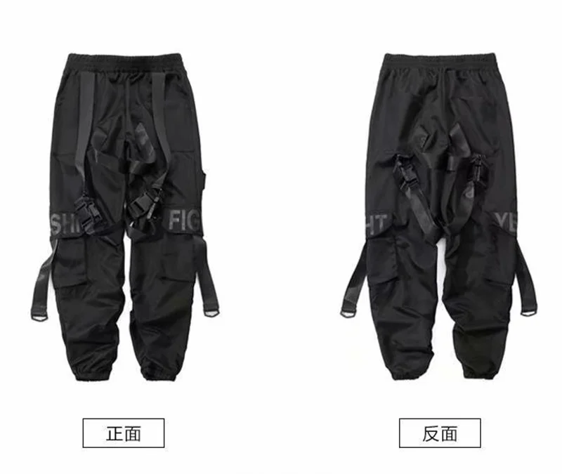 Y2K Joggers Cargo Pants For Men Casual Hip Hop Hit Color Pocket Male Trousers Sweatpants Streetwear Ribbons Techwear Black Pants