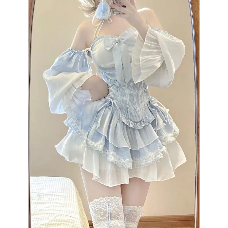 Vestido azul de Lolita, conjunto ajustado sin mangas, minivestido de fiesta, moda de verano, 2024