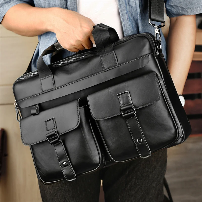

Nesitu Vintage A4 Black Brown Genuine Leather Office 15.6'' 14'' Laptop Men's Briefcase Executive Portfolio Messenger Bag M6391