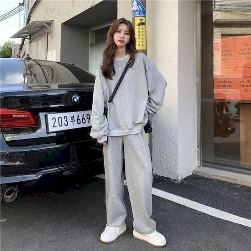 Two-piece Set 2024 Long Sleeve Pullover Fashion O-Neck Suit Women Basics Sportswear Wide Leg Pants LOOSE High Street Clothes