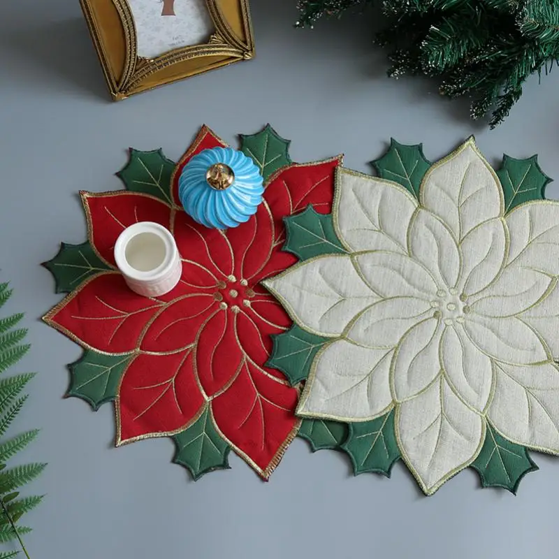 Creative Christmas Decorative Placemats Red Embroidery Flower Table Coasters Cloth Cup Pad Home Christmas Party Table Decoration