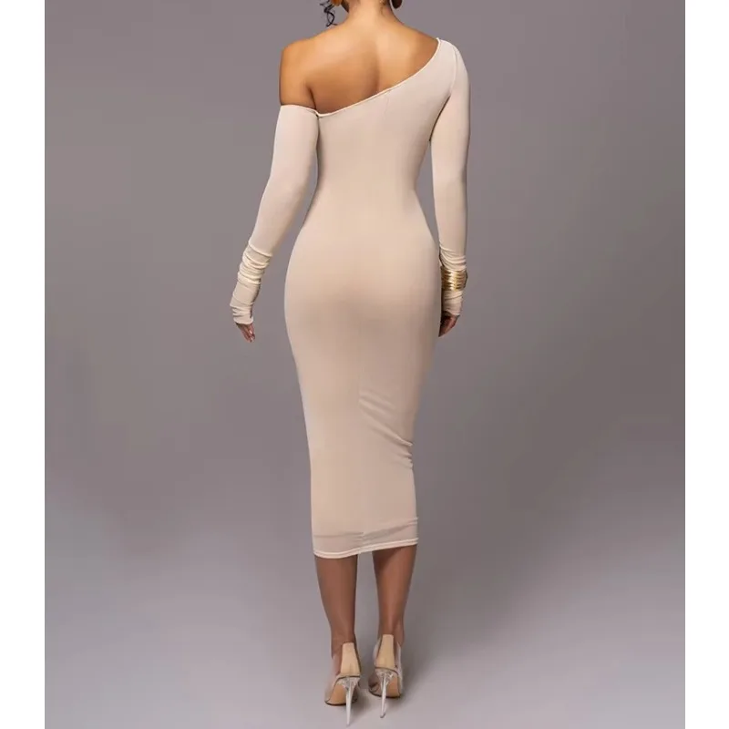 Women Diagonal Collar Long Sleeve Two Layer Mesh Backless Ruched Bodycon Midi Dress Party