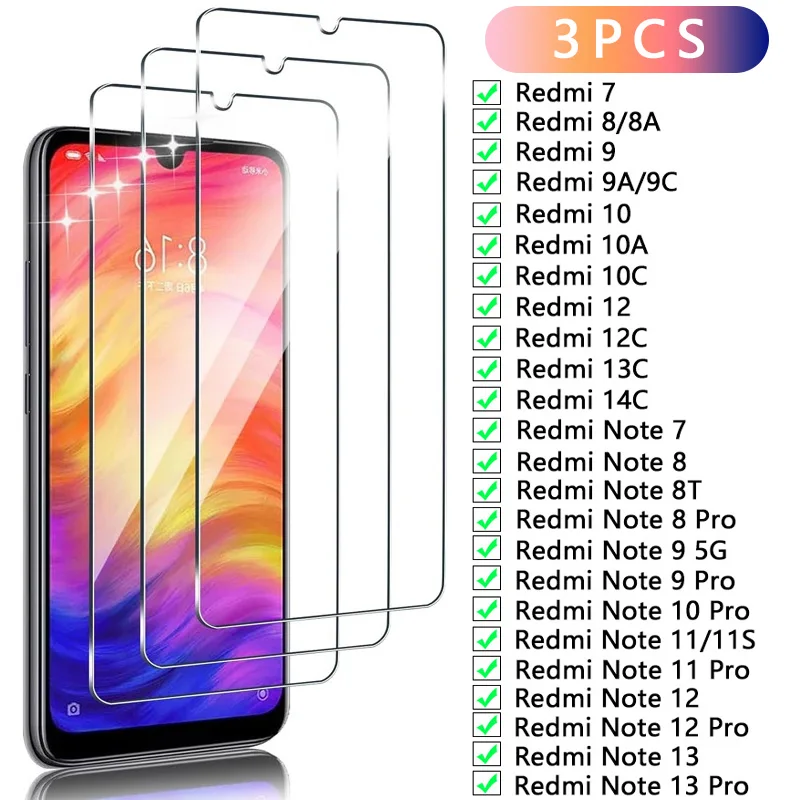 

3 шт. закаленное стекло для Xiaomi Redmi Note 13 12 11 10 9 8 8T 7 Pro 4G 5G Защитная пленка для экрана Redmi 7 8 9A 9C 10 12C 13C 14C стекло