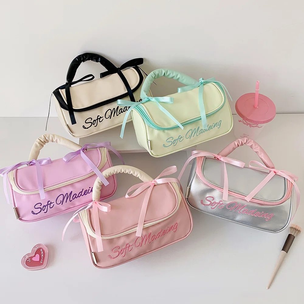 Korean Style Bow Ribbon Handheld Cosmetic Bag Large Capacity Waterproof Travel Makeup Toiletry Storage Bag For Skincare Products