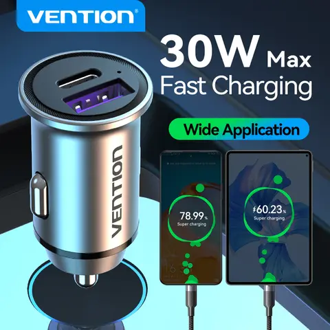 Vention 30W Car Charger USB Type C Fast Car Charging PD3.0 QC4.0 SCP FCP AFC For iPhone 16 Xiaomi Poco Samsung Cigarette Lighter
