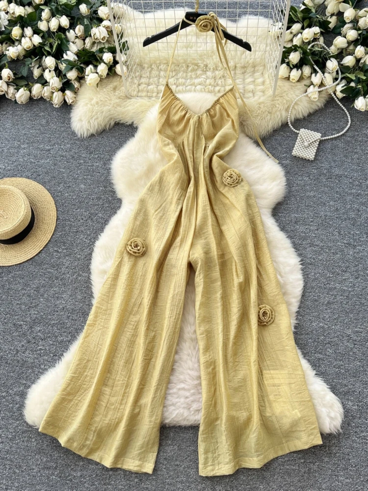 

Летний новый пляжный комбинезон для женщин с завязками на шее, с объемными цветами, свободного кроя, в стиле кэжуал.