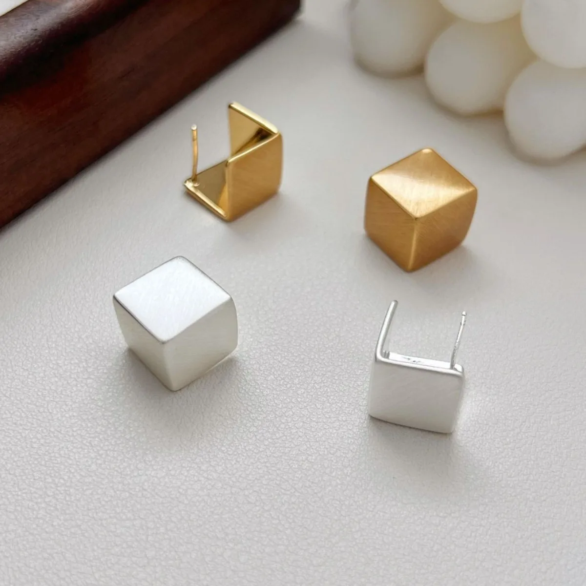 S925 Silver Needle Cube Brushed Metal Earrings Simple Design Small Square Studs