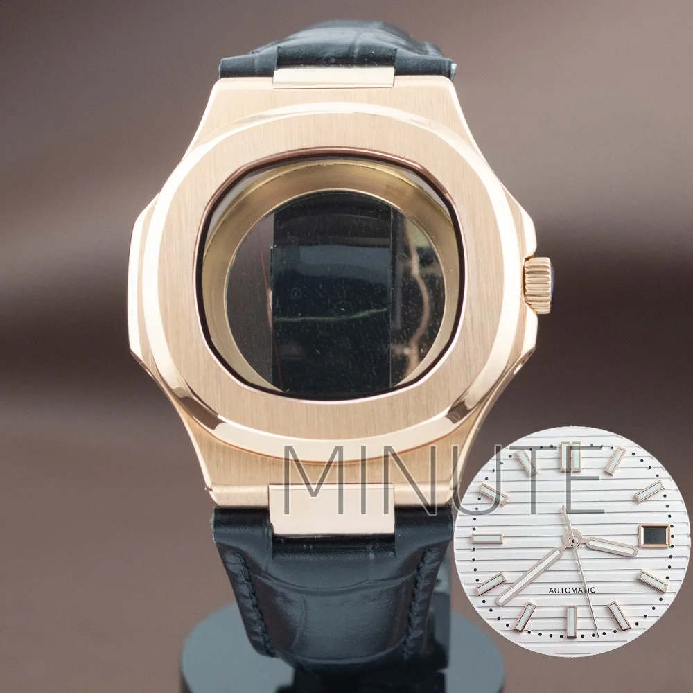 

41mm Rose Gold Men's Watch Case Leather Bracelet Parts 316L Stainless Steels for Seiko NH35 NH36 NH38 Movement Dial Nautilus