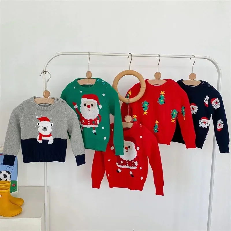 Ragazze maglione natale bambini maglione Casual bambino caldo babbo natale stampato Pullover lavorato a maglia ragazzi ragazza albero di natale Pullover vestiti