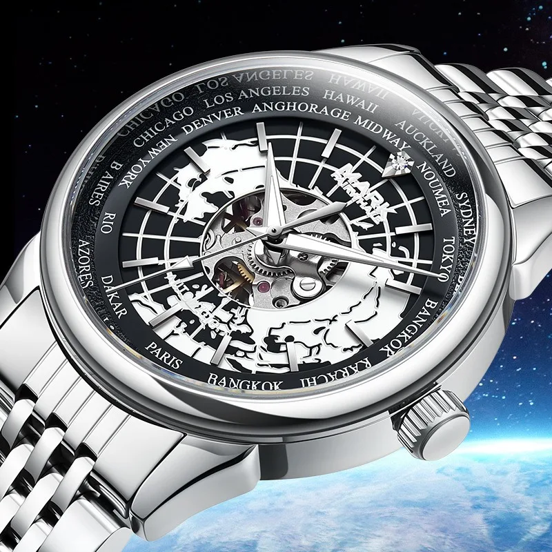 Men's Trendy Fashion Automatic Mechanical Watch Earth Dial See-through Case Back Screw Crown 30m Water Resistance40mm Large Dial