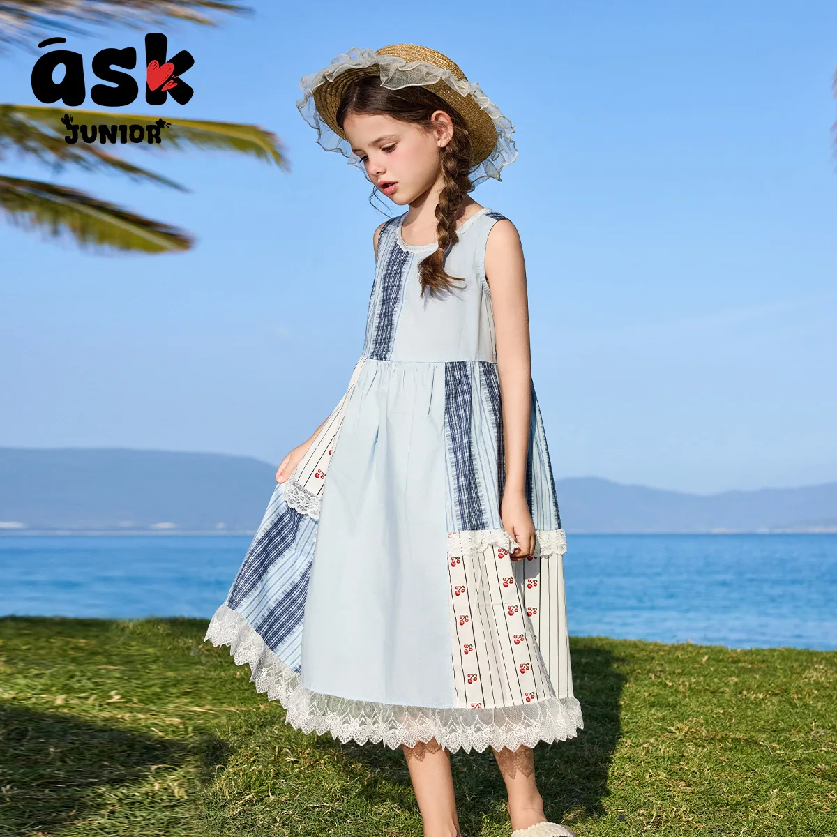 فستان بناتي صيفي متباين الألوان بدون أكمام #4