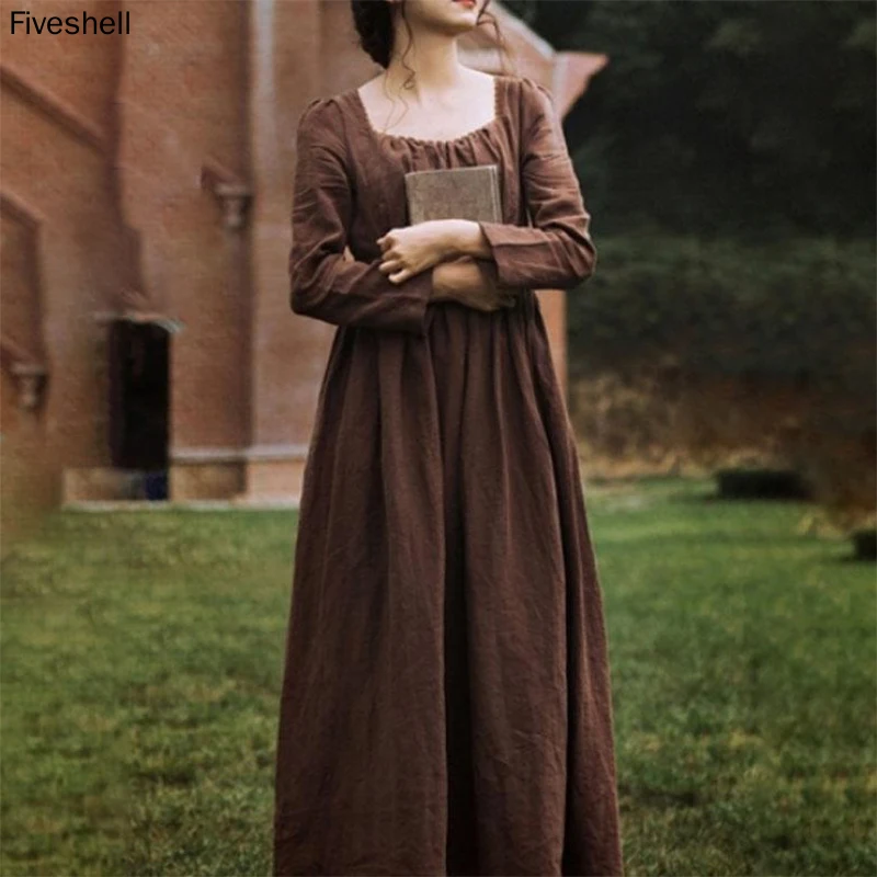 Robe New Women Medieval Victorian Retro French Apparel Dress Square Collar Long Sleeves High Waist Brown Temperament Long Dress