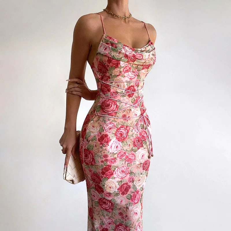 

Dresses for women 2025 Summer Fashion Holidays Sleeveless Backless Printed Slim Fit Club Party Sweet Ladies Strappy Long Dress
