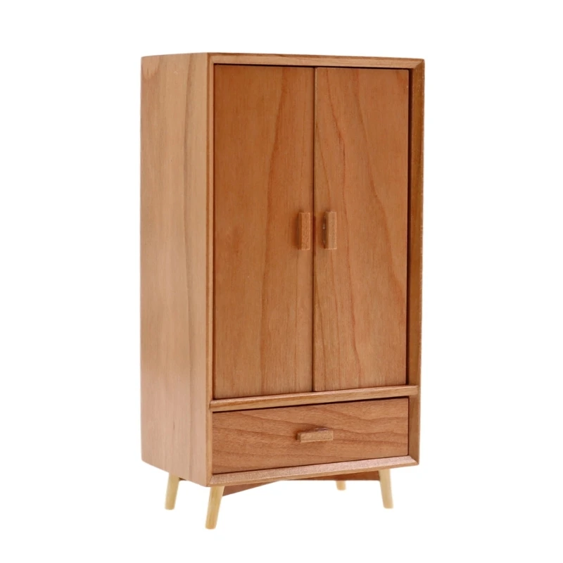 Puppenhausmöbel Maßstab 1:12, Miniatur-Kleiderschrank aus Holz mit Doppeltüren und funktionaler Schublade für eine Szene A2UB – Detail 1