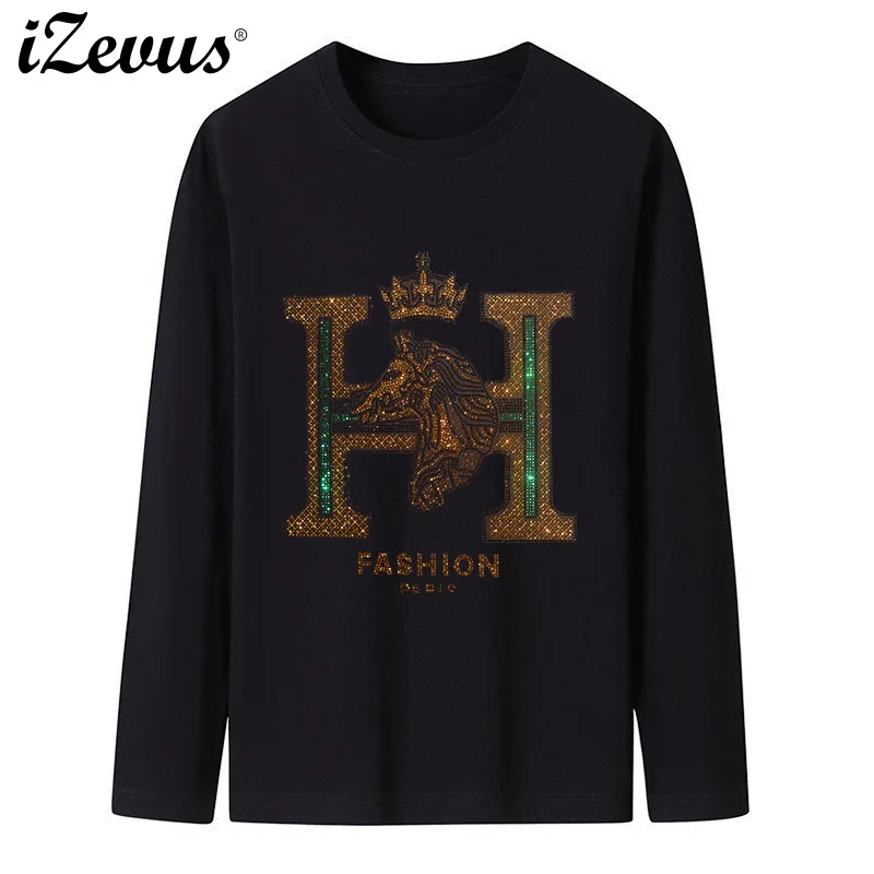 Autumn and winter hot diamond men's big size loose long-sleeved T-shirt fashion leisure long-sleeved T-shirt