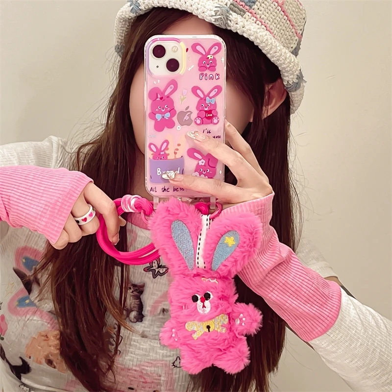 Cute Plush Rabbit Bracelet Strap Phone Case For iPhone 15 14 13 12 Pro Max 11 Cover Silicone Shockproof Cases for 14 pro Funda