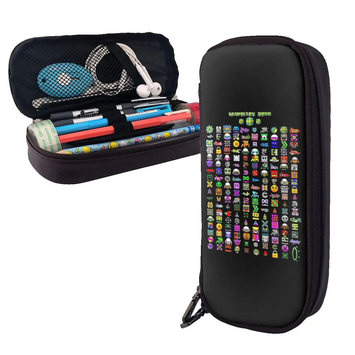 Geometry Dash Leather Pencil Cases Pencil Pouch Storage Stationery Supplies Large Capacity Pen Box Pencil Bag for Kids Gifts