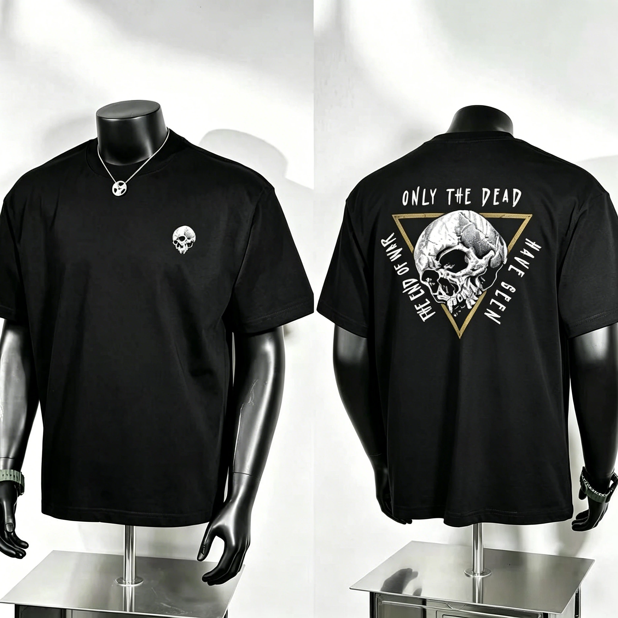 War Themed Dark Graphic T Shirt, Gold Trim Triangle Skull with Only The Dead Slogan Back Print, Rugged Military Street Tee