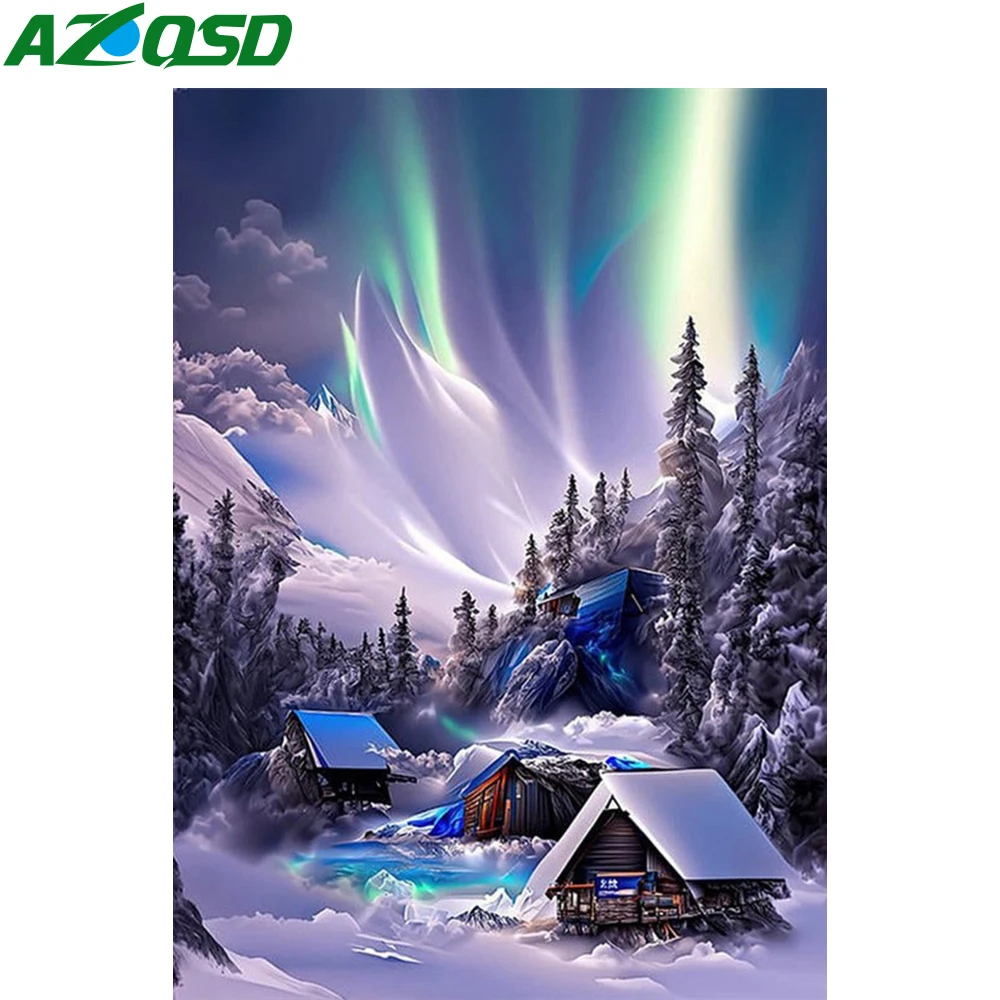 AZQSD 5d Diy Diamond Painting House Winter Landscape Handmade 30x40cm Embroidery Aurora Forest Home Decor Rhinestones