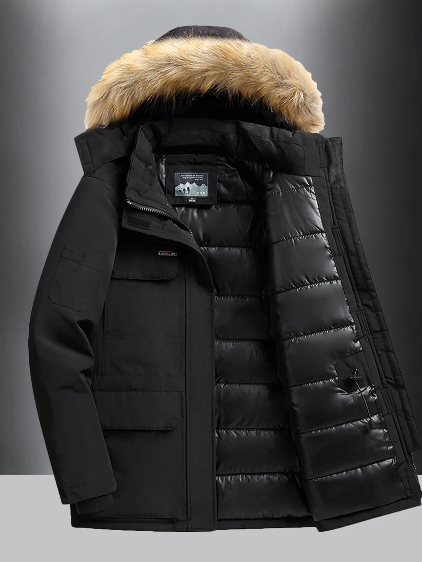 

Outdoor Winter Thiened Cotton Jaet Men's Warm Coat with Fur Collar Mid-Length Hooded Coat Faionable Urban Workwear
