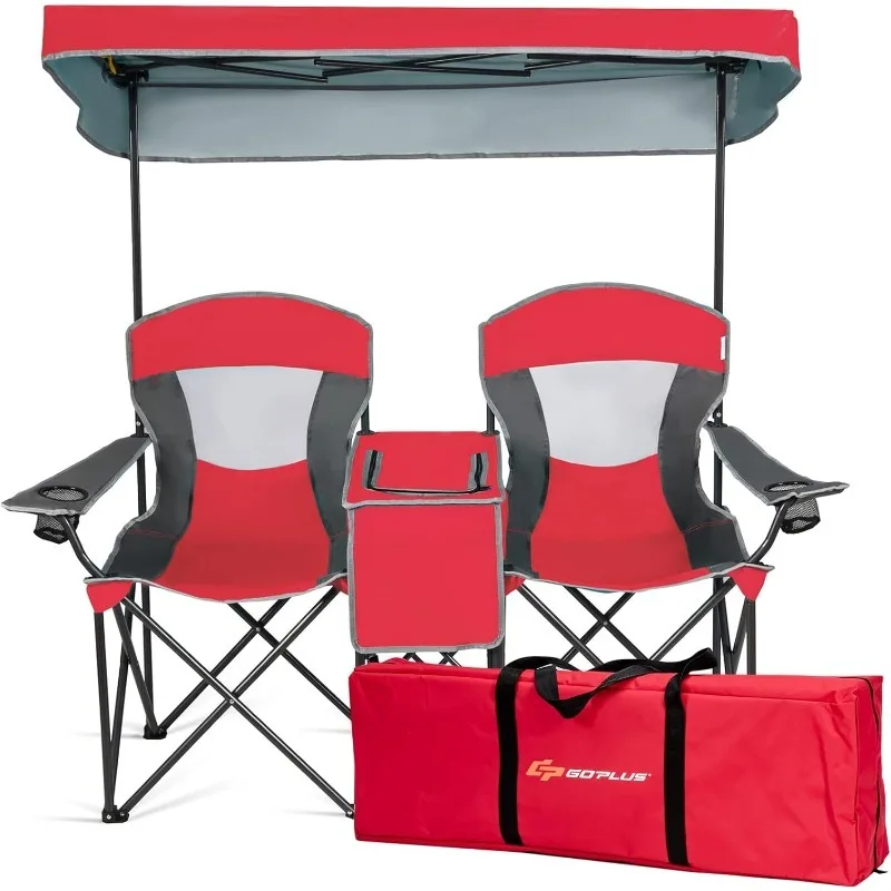 

Goplus Double Beach Chair with Canopy Shade, Folding Lawn Camping Chairs with Sunshade & Mini Table Beverage Holder
