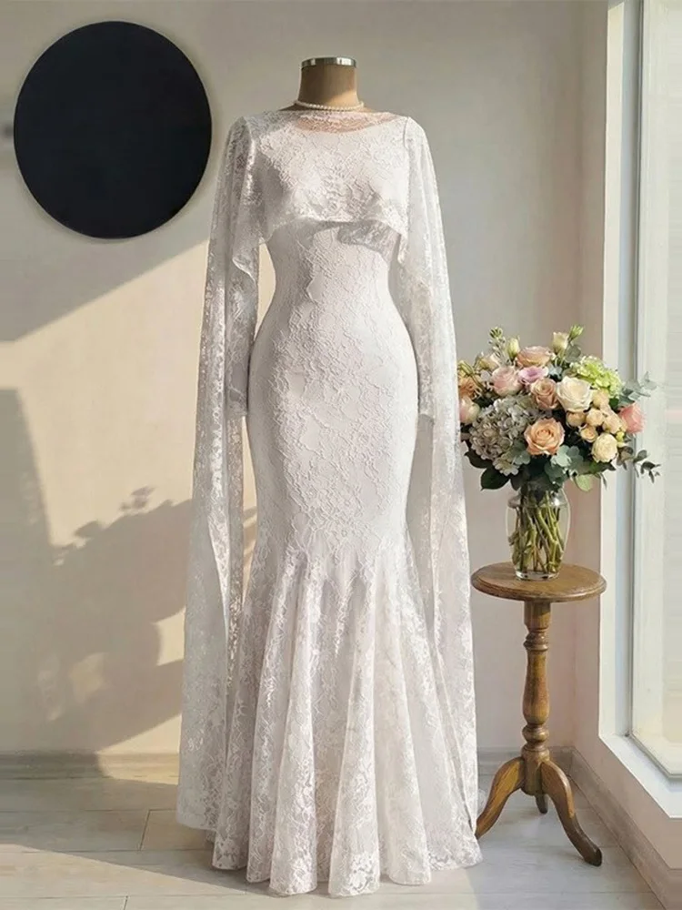 LGRQ 2026 New Elegant Round Neck Long Sleeved Waist Slimming Dress With Lace Shawl Temperament Women's Party Gown 19DB2591