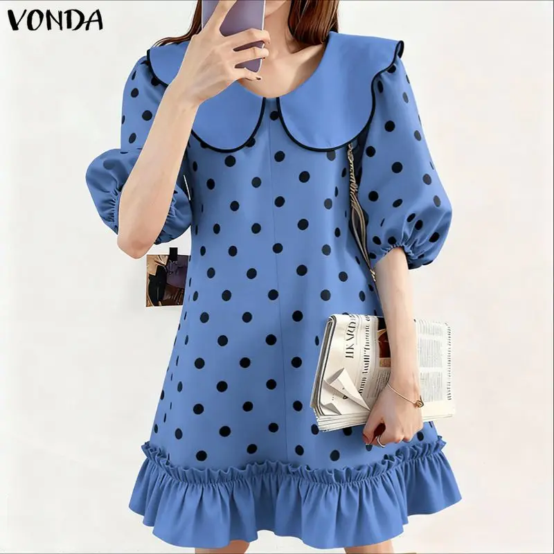 Bohemian Kurze Sommerkleid VONDA Frauen Polka Dot Sommer Mini Kleider Mode Peter Pan Kragen Puff Sleeve Casual Elegante Party Robe