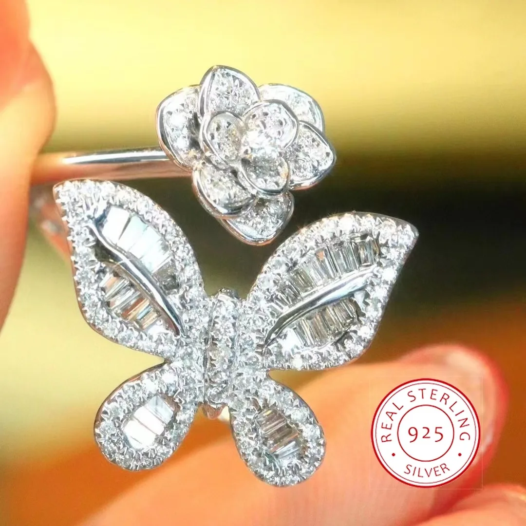 925 Silver Exquisite White Zircon Fantasy Double Butterfly Ring Feminine Party Birthday Wedding BFF Gift