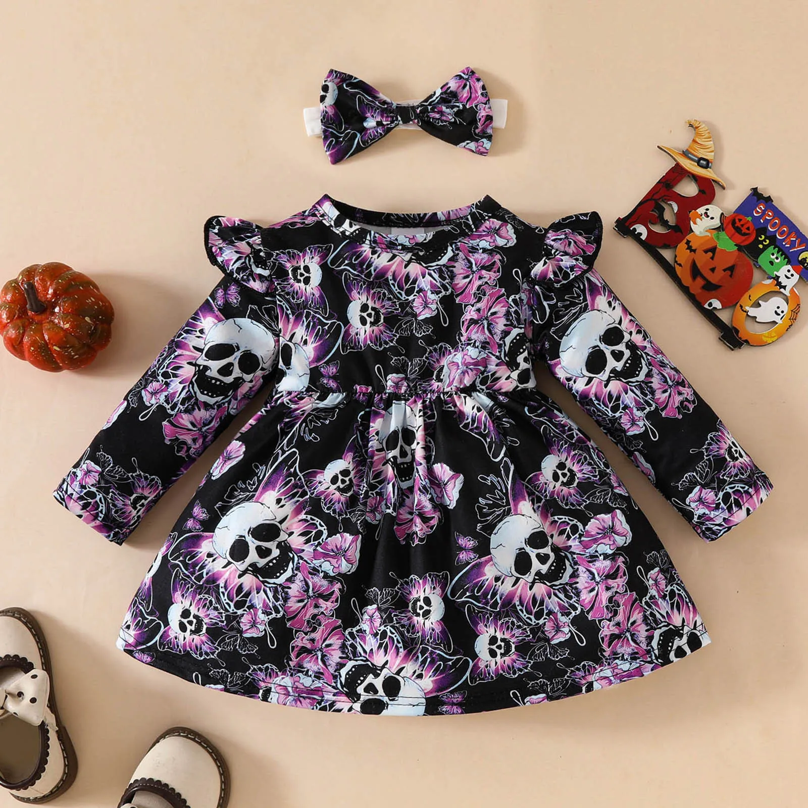 

Newborn Baby Girls Halloween Clothes Long Sleeves Bodysuit Skull and Butterfly Bow Clothes Skirt with Bow Headband Outfits Set