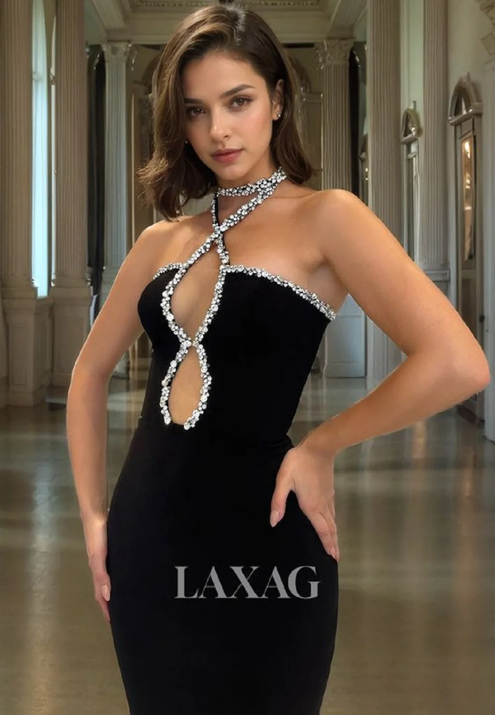 

Luxury Crystal Embellished Halter Neck Cutout Bodycon Mermaid Bandage Gown Elegant Ankle Length Celebrity Evening Club Dresses