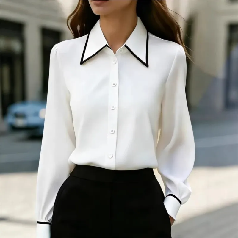 

Women's Blouse Fashion Shirt Formal 2026 Long-sleeve Contrasting Trim lapel Tops Casual Workwear Elegant Office Lady Shirts
