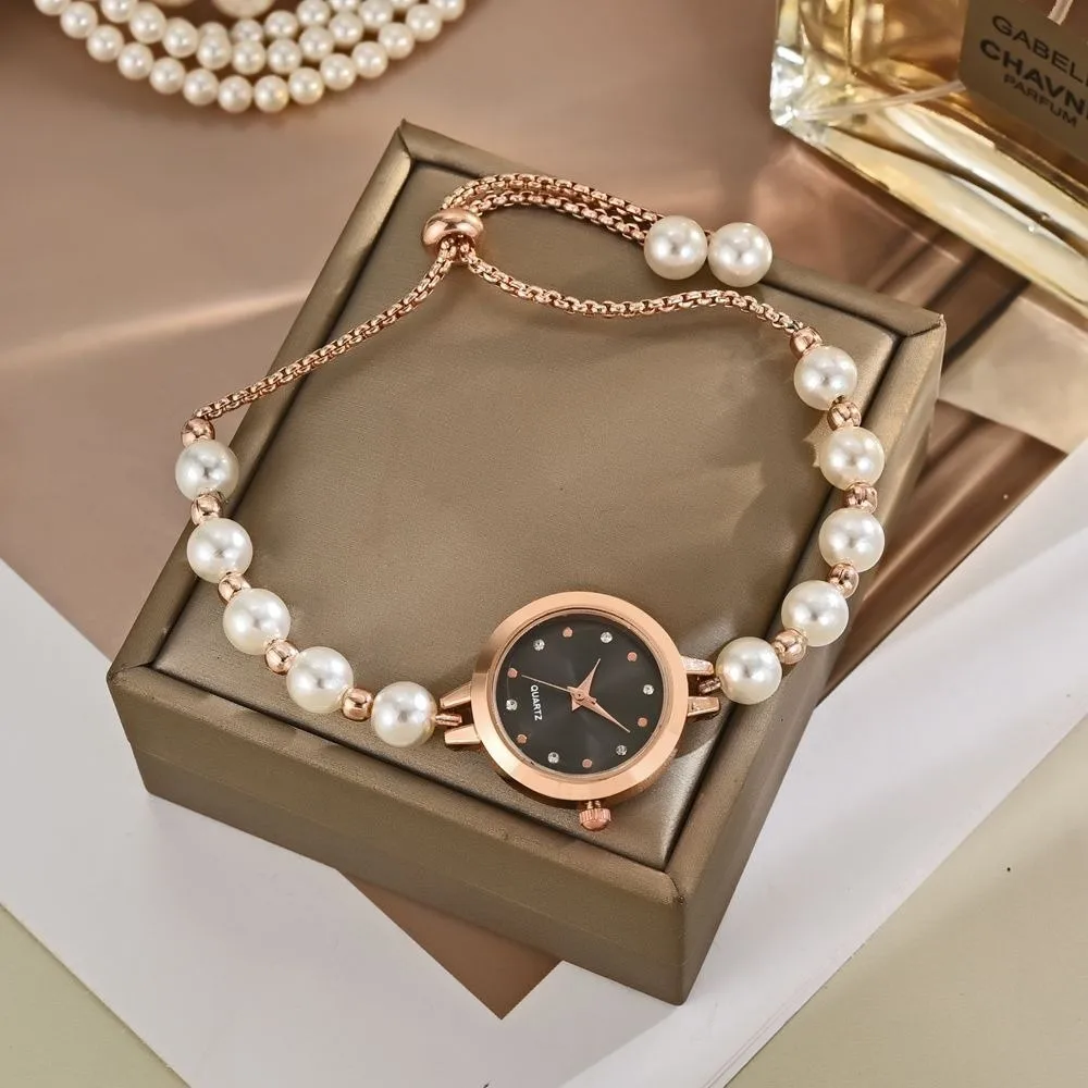 

Trendy Adjustable Pearl Bracelet Watch Elegant Precise Quartz Watch Lightweight Alloy Women's Watch Birthday Gift