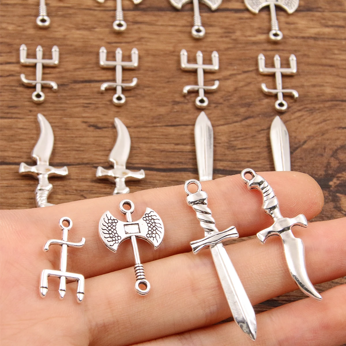 20PCS 4 Styles Mixed Alloy Simulated Weapons Charms For Jewelry Making DIY Handmade Axe Sword Trident Pendant Connector