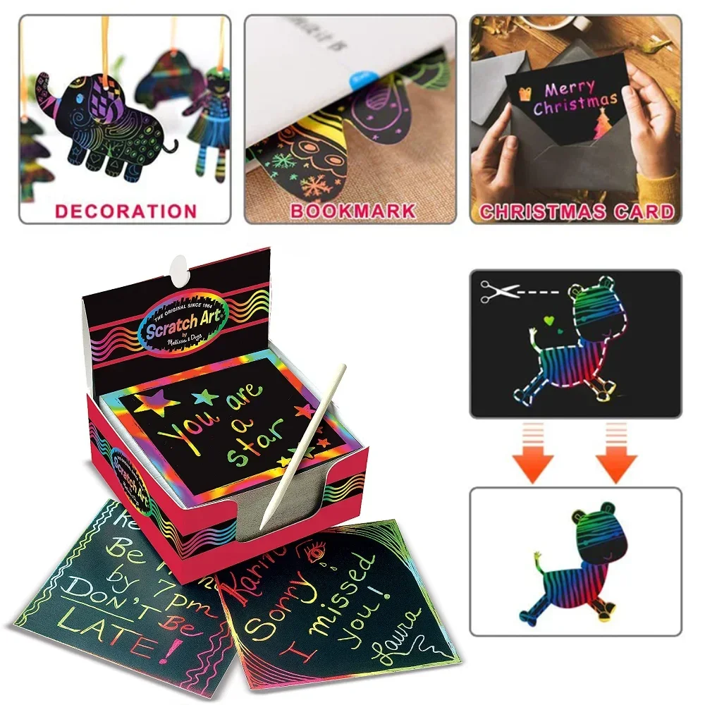 Magic Color Paper Scratch Pad Cartões com caneta para crianças, cor do arco-íris, mini notas, desenho, brinquedos de pintura, DIY Craft Gift, 100pcs